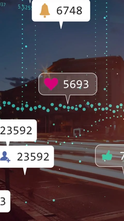 Animation of icons and data processing over out of focus city Stock Footage 343738262