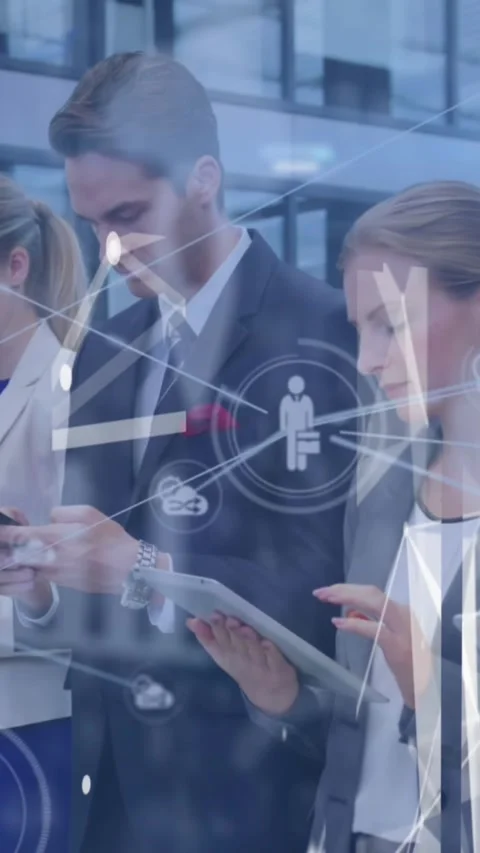 Animation of icons and data processing over diverse business people using Stock Footage 343867597