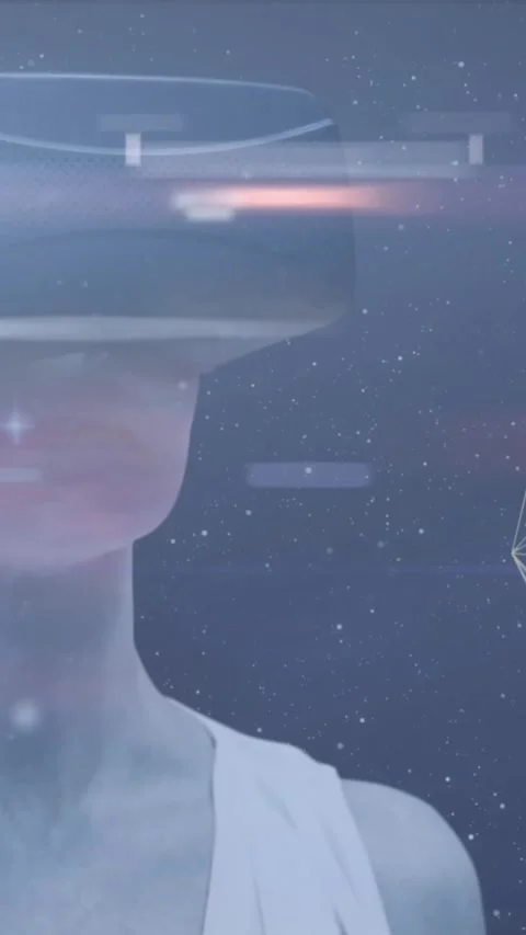 Animation of icons and data processing over woman using vr headset Stock Footage 343867602