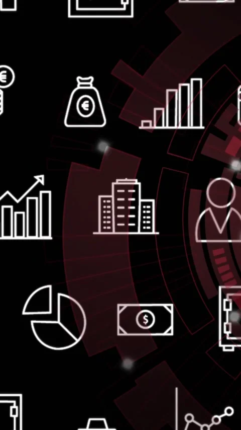 Animation of icons and data processing on black background Stock Footage 343954504