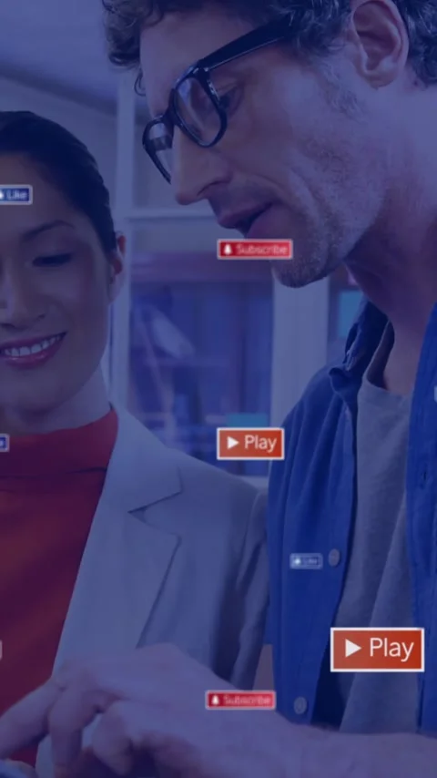 Animation of icons and data processing over diverse business people using tablet Stock Footage 344284632