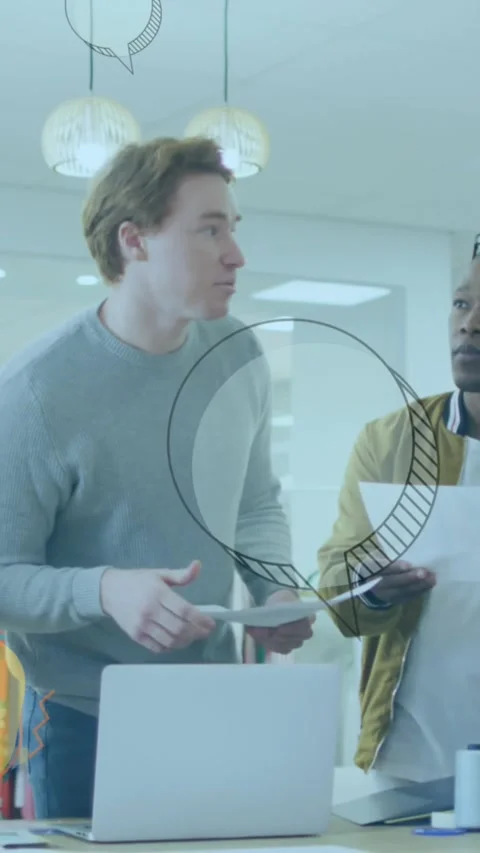 Animation of icons and data processing over business people in office Stock Footage 344594326
