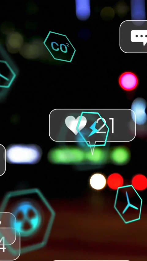 Animation of icons and data processing over out of focus city Stock Footage 344678872