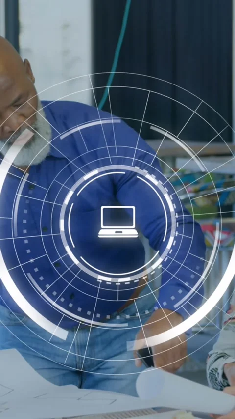 Animation of icons and data processing over diverse business people in office Stock Footage 344706290