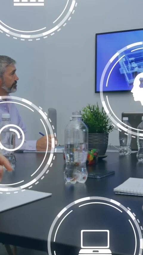 Animation of icons and data processing over diverse business people in office Stock Footage 344783334