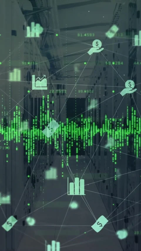 Animation of icons and digital data processing over computer servers Stock Footage 320759516