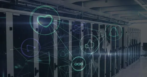 Animation of icons and digital data processing over computer servers Stock Footage 330337241