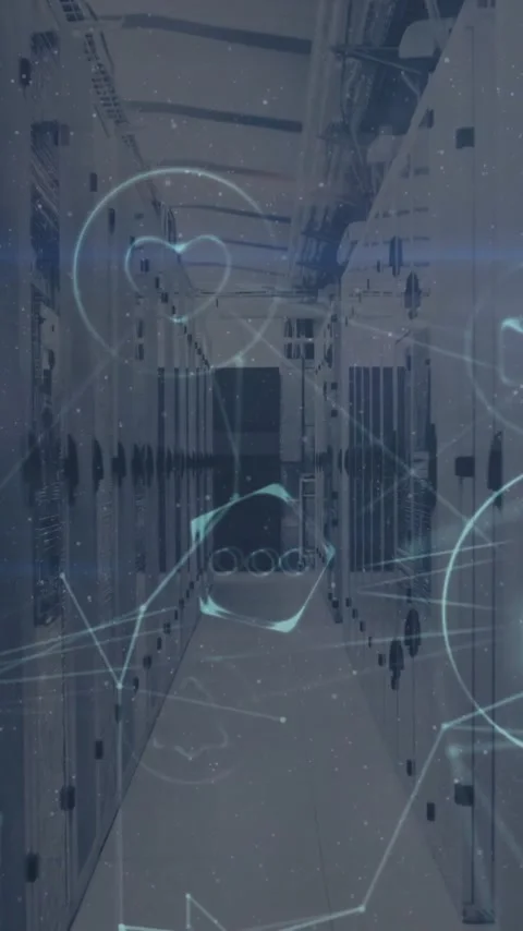 Animation of icons and digital data processing over computer servers Stock Footage 343829095