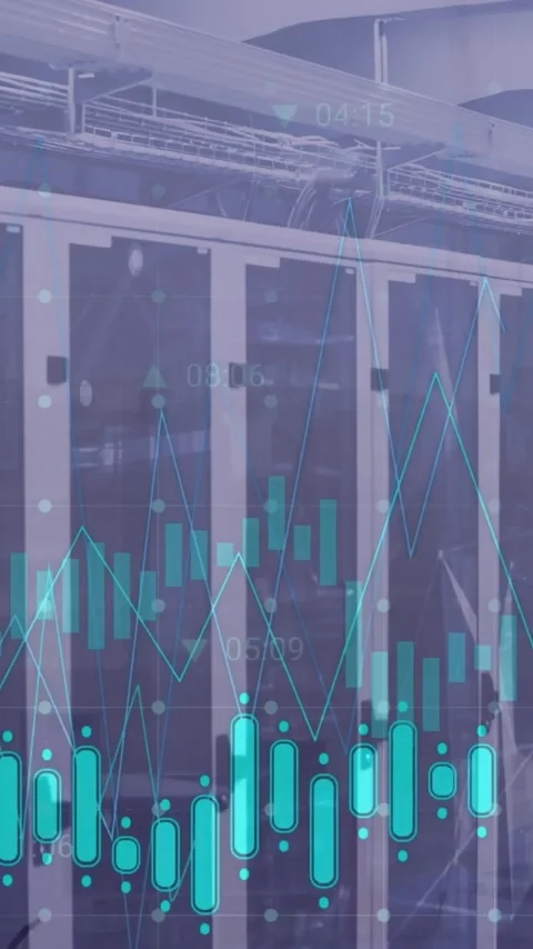 Animation of icons and digital data processing over computer servers Stock Footage 343920660