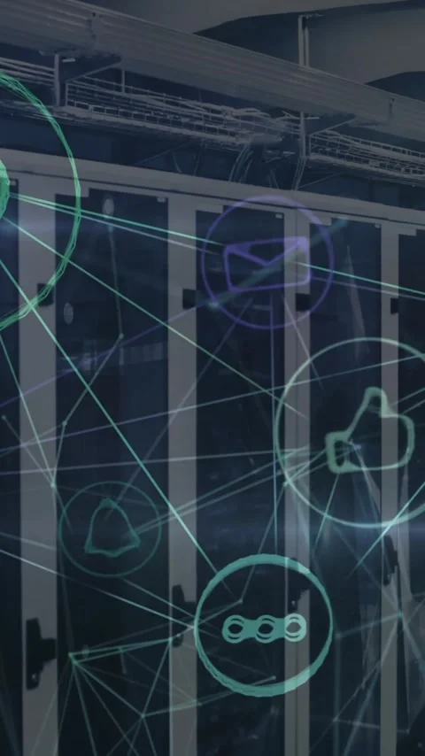 Animation of icons and digital data processing over computer servers Stock Footage 344011758