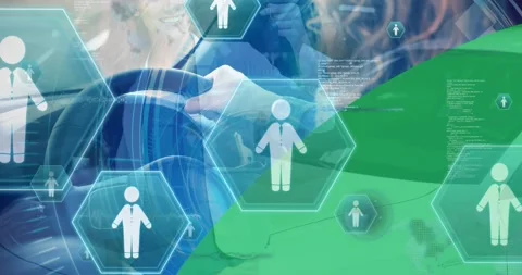 Animation of icons and diverse graphs over caucasian female and male with car Stock Footage 329857202