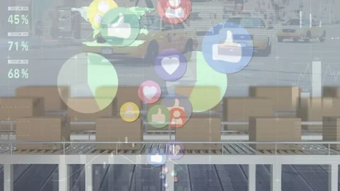 Animation of icons and financial data processing over boxes on conveyor belts Stock Footage 326187610
