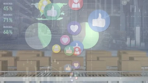 Animation of icons and financial data processing over boxes on conveyor belts Stock Footage 327592084