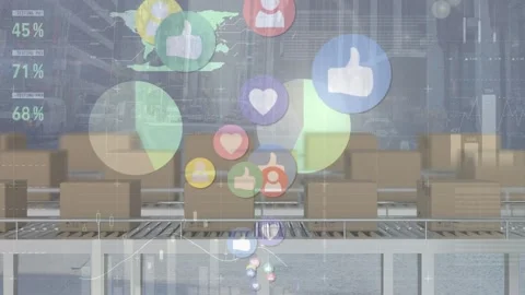 Animation of icons and financial data processing over boxes on conveyor belts Stock Footage 327709563