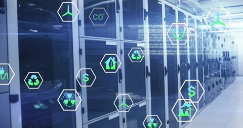 Animation of icons and lens flares with computer language over data server racks Video stock 328834553