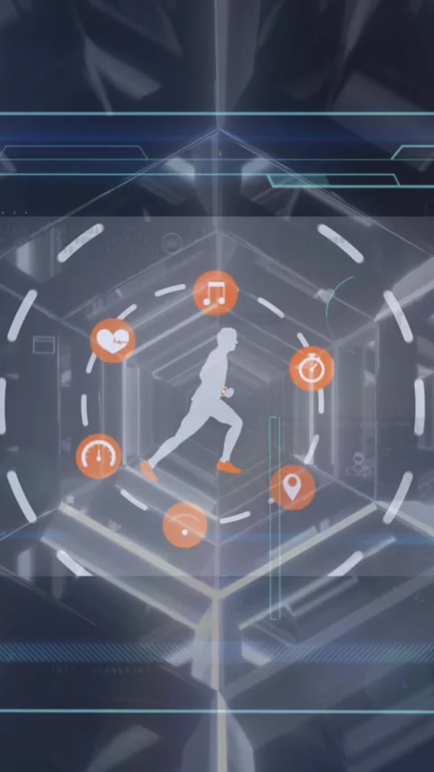 Animation of icons and scanner processing data over digital athlete running Stock Footage 324610930