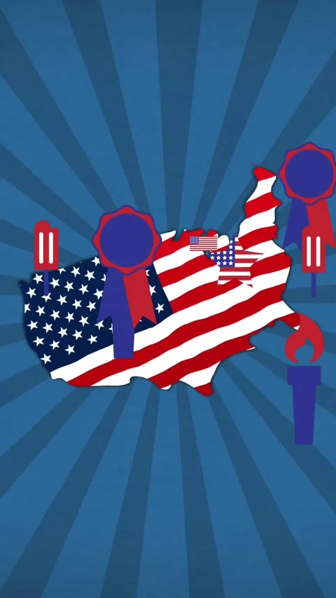 Animation of icons and usa map coloured in american flag over blue background Stock Footage 342097643