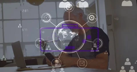 Animation of icons around globe, game controller and numbers on senior caucasian Stock Footage 327585071