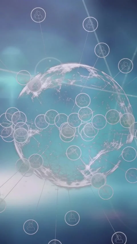 Animation of icons around globe over connected dots against abstract background Stock Footage 344706240