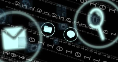Animation of icons, binary codes, radars, globes and computer language over Stock Footage 330339014