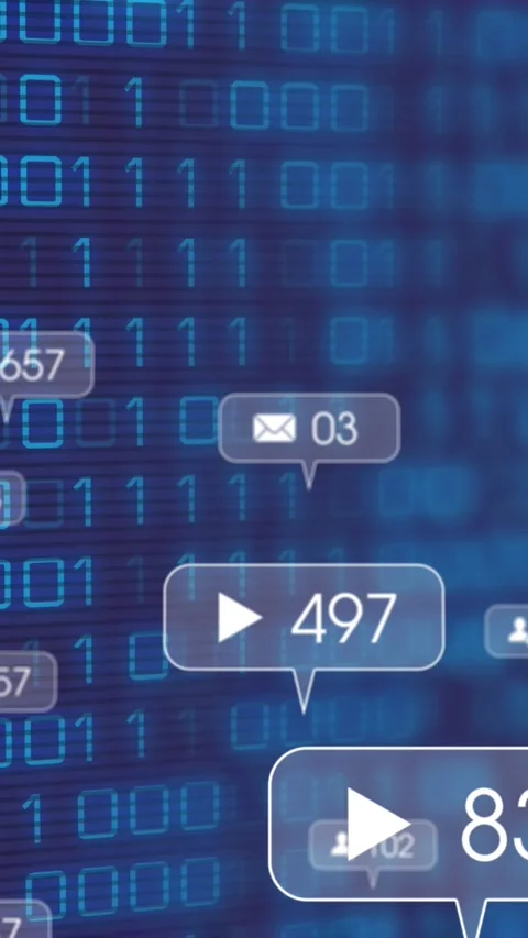 Animation of icons, changing numbers in notification bars over binary codes 動画素材 344403288