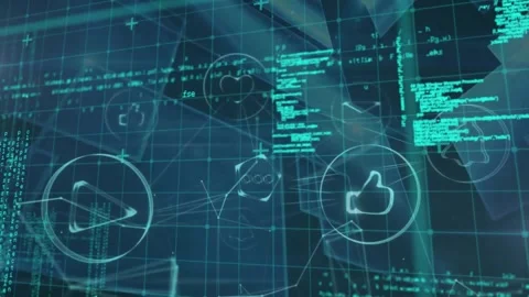 Animation of icons in circle, geometric shape and computer language over Video stock 257103474
