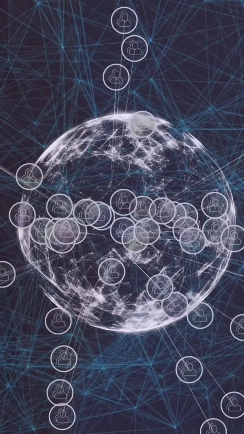 Animation of icons in circles around globe over connected dots against abstract Stock Footage 344678297