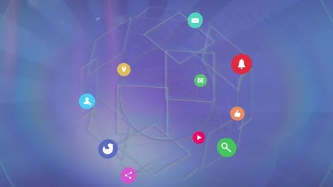 Animation of icons in circles connected with lines and 3d geometric shapes Stock Footage 330251157