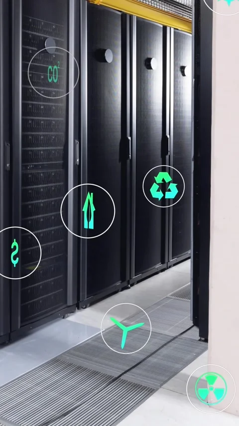 Animation of icons in circles floating over data server racks in server room Stock Footage 344679232