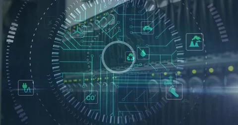 Animation of icons, circuit board pattern, lines forming circles, back panel of 스톡 동영상 329924314
