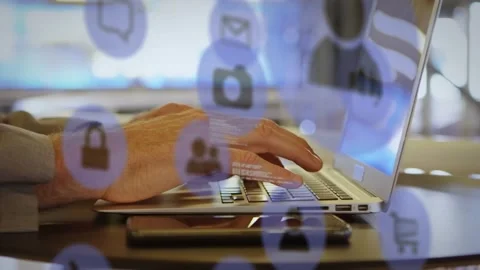 Animation of icons, computer language, cropped hands of caucasian man typing on Stock Footage 326032853
