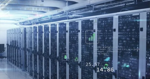 Animation of icons, computer language over binary codes on data server racks in Stock Footage 249252449