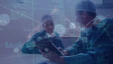 Animation of icons connected by lines, computer language, caucasian doctors Stock Footage 326032447
