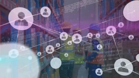 Animation of icons connected with lines, lens flare over coworkers discussing in Stock Footage 326032448