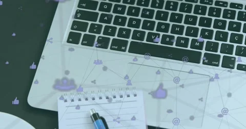 Animation of icons connected with lines over notepad, pen, coffee cup and laptop Stock Footage 249794746