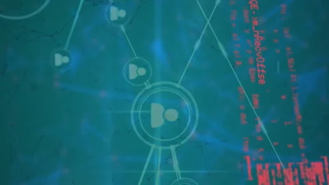 Animation of icons connected with lines over computer language against blue Stock Footage 312570483