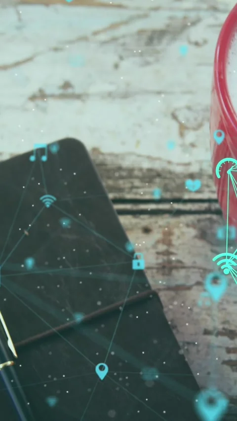 Animation of icons connected with lines over pen on diary and milk in cup on Stock Footage 320984025