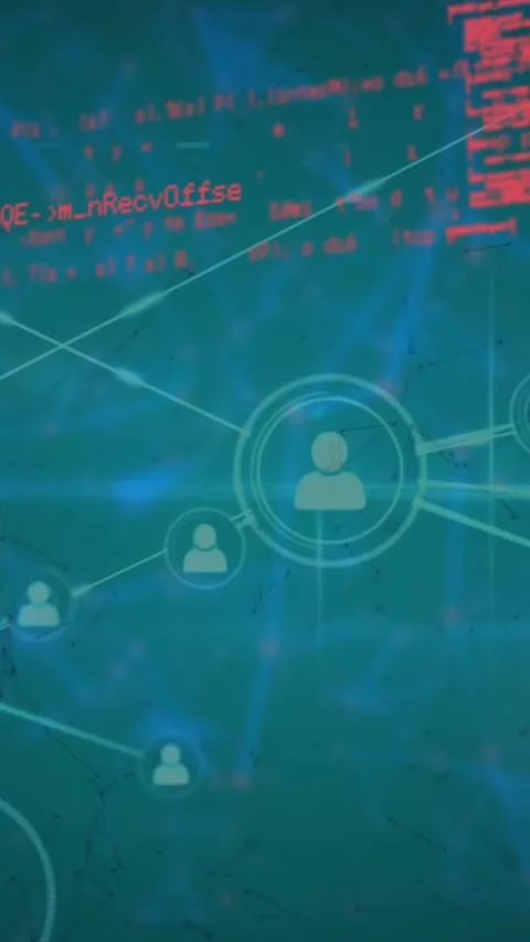 Animation of icons connected with lines over computer language against blue Stock Footage 321580767