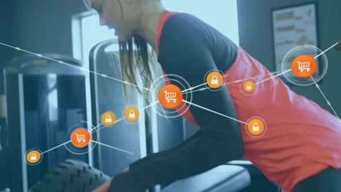Animation of icons connected with lines over caucasian woman practicing tire Stock Footage 326884819