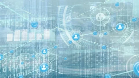 Animation of icons connected with lines over graphs, soundwave and binary codes Stock Footage 327008282
