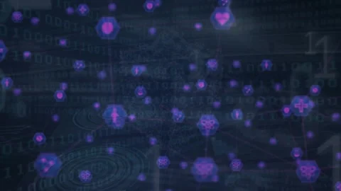 Animation of icons connected with lines over lopping binary codes moving over Stock Footage 327899235