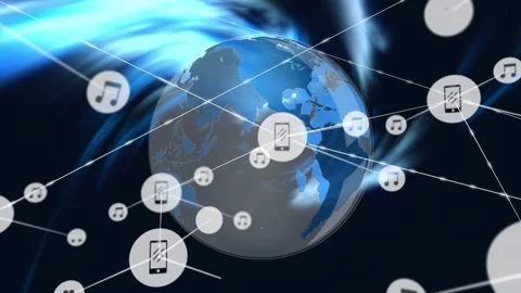 Animation of icons connected with lines over rotating globe against wave pattern Stock Footage 328311969