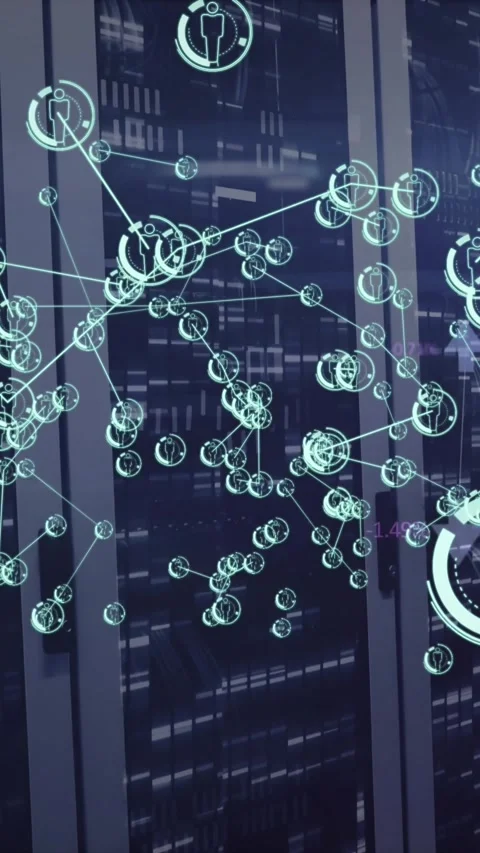 Animation of icons connected with lines over falling bar against server room in Stock Footage 342612919