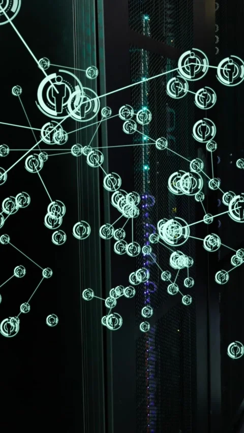 Animation of icons connected with lines over server room in background Stock Footage 342612920