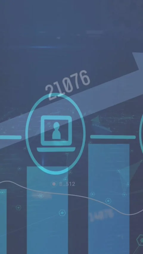 Animation of icons connected with lines over graphs with upwards arrow and Stock Footage 343919927