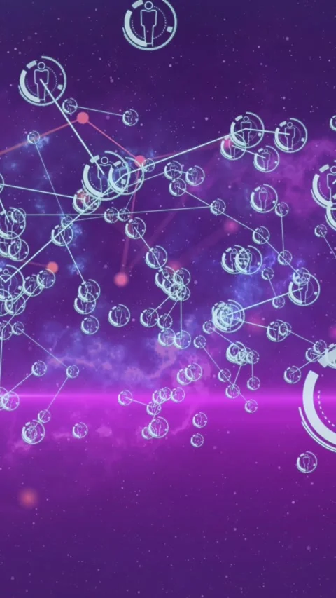 Animation of icons connected with lines over lens flares against gradient Stock Footage 344369601