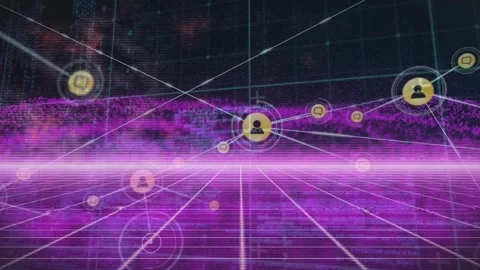 Animation of icons connected with lines , programming language over abstract Stock Footage 327273968