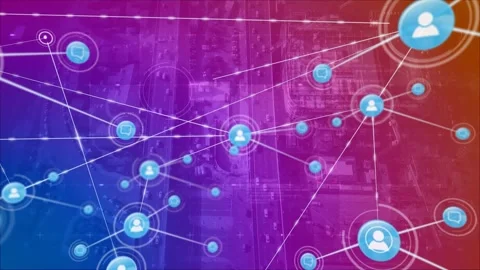 Animation of icons connecting with lines over aerial view of city with moving Stock Footage 327060117