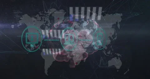 Animation of icons, data and rotating brain over world map Stock Footage 172271731
