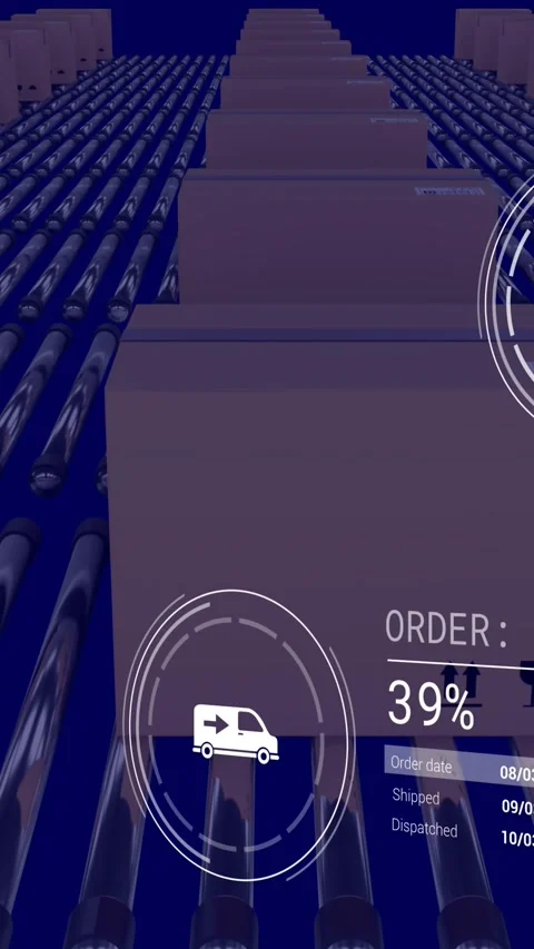 Animation of icons with data processing over boxes on conveyor belt Stock Footage 343609404